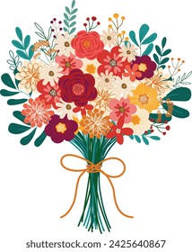 spring wild flowers bouquet hand drawn vector illustration clipart for decoration invitation greeting birthday party celebration wedding card poster banner textiles wallpaper background