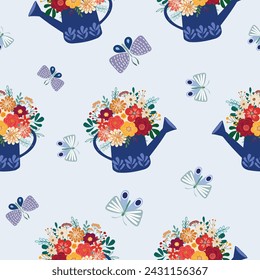 spring wild flowers bouquet in wateringcan hand drawn seamless pattern vector for decorate invitation greeting birthday party celebration wedding card poster banner textile wallpaper background