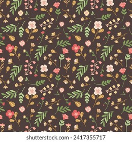 Flores y hojas salvajes de primavera en un estilo sencillo y plano. Patrón transparente de color dibujado a mano sobre fondo oscuro. Ilustración vectorial. Adecuado para decoración de fondo, textil, impresión de papel pintado.