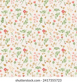 Spring wild flowers and leaves in simple, flat style. Colored hand-draw seamless pattern on beige background. Vector illustration. Suitable for background decoration, textile, wallpaper printing.