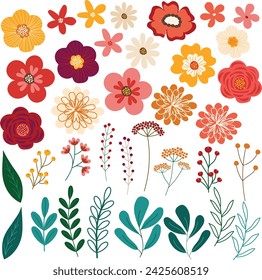 primavera flores silvestres pétalo y hojas dibujado a mano elementos ilustración vectorial