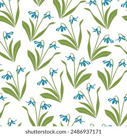 Spring wild flowers snowdrops vector illustration seamless pattern for textile, wallpaper.
