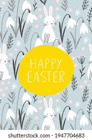 Spring wild flowers vector print. Snowdrop vector print. Easter cards with cute bunny