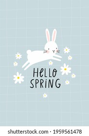 Spring wild flowers vector print. Snowdrop vector print. Easter cards with cute bunny