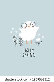 Spring wild flowers vector print. Snowdrop vector print. Easter cards with cute birds