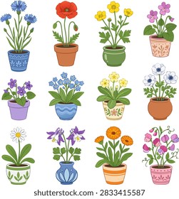 Spring wildflower potted plants vector illustration set featuring poppy, cornflower, violet, daisy, and primrose in decorative ceramic pots.