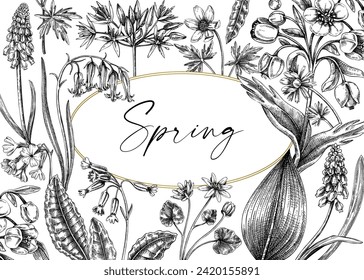 Spring wildflowers background. Woodland wild flower sketches. Floral frame design. Hand-drawn vector illustrations, NOT AI-generated