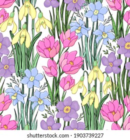 Frühlingsblumen. Botanischer Hintergrund. Einzeln Vektornahtloses Muster.
