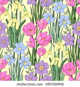 Flores silvestres de primavera. Fondo botánico. Patrón aislado sin fisuras vectorial.