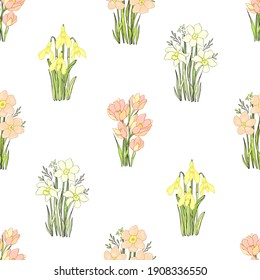 Flores silvestres de primavera. Fondo botánico. Patrón aislado sin fisuras vectorial.
