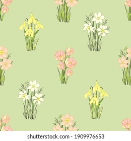 Spring wildflowers. Botanical background. Isolated vector seamless pattern.
