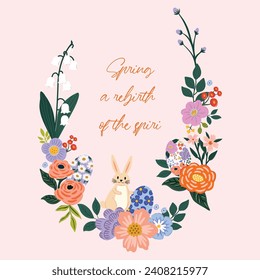 Spring wildflowers cute floral frame with easter egg and bunny illustration for postcards, posters, invitation, sticker etc . Vector illustration