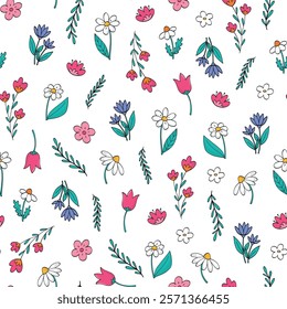 Spring wildflowers doodles seamless pattern for wallpaper, nursery textile prints, wrapping paper, stationery, digital paper, etc. EPS 10