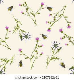 Spring wildflowers. Endless seamless pattern. Vector stock illustration. Thistle flower. Thorns and weeds.