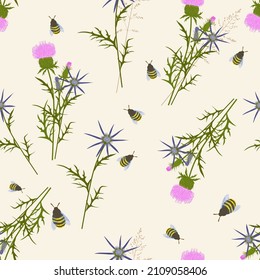 Spring wildflowers. Endless seamless pattern. Vector stock illustration. Thistle flower. Thorns and weeds.