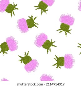 Spring wildflowers. Endless seamless pattern. Vector stock illustration. Thistle flower. Thorns and weeds.