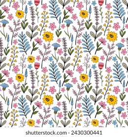 Spring wildflowers floral vector seamless pattern in vintage style on white background.