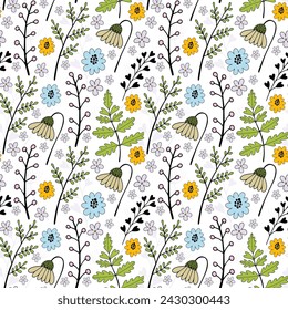 Flores silvestres de primavera vector floral patrón sin fisuras en estilo vintage sobre fondo blanco.