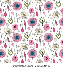 Flores silvestres de primavera vector floral patrón sin fisuras en estilo vintage sobre fondo blanco.