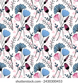 Spring wildflowers floral vector seamless pattern in vintage style on white background.