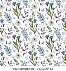 Spring wildflowers floral vector seamless pattern in vintage style on white background.