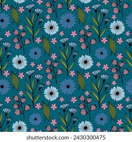 Spring wildflowers floral vector seamless pattern in vintage style.
