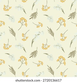  Flores silvestres de primavera y lirio del valle sin patrón, Ilustración vectorial botánica, delicado fondo floral para textiles femeninos o Fondo de pantalla.