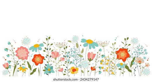 Frühling Wildblumen auf weißem Hintergrund.Horizontales Banner mit Kopierraum.Hallo frühling.Vector Stock Illustration.