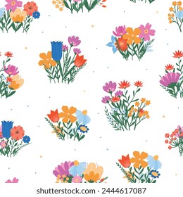 Patrón sin fisuras de flores silvestres de primavera, composiciones florales, ramos de Fondo de pantalla, impresión textil, scrapbooking, papelería, papel de embalaje, fondo. EPS 10