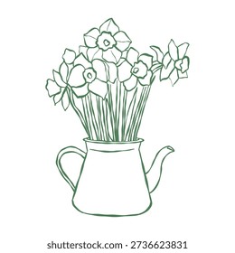 Spring wildflowers in a teapot. Vase with daffodils. Gardening concept. Teapot with a bouquet of flowers. Green outline vector illustration.