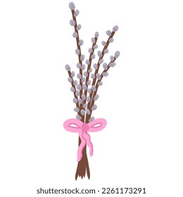 Sellos de sauce primaverales sobre fondo blanco.Ilustración de ramas de sauce floreciente de estilo plano,Decoración de Pascua. Bouquet con costillas de árbol. Rama para tarjetas de felicitación, afiche, banner