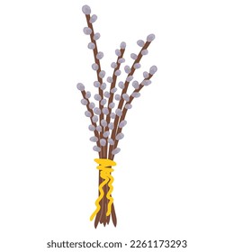 Sellos de sauce primaverales sobre fondo blanco.Ilustración de ramas de sauce floreciente de estilo plano,Decoración de Pascua. Bouquet con costillas de árbol. Rama para tarjetas de felicitación, afiche, banner