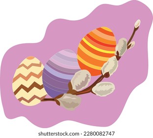 Spring, willow trees, flowers. Everything is blooming green. Easter holiday. Easter eggs. Vector in pastel colors.