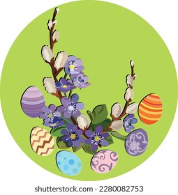Spring, willow trees, flowers. Everything is blooming green. Easter holiday. Easter eggs. Vector in pastel colors.