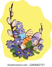 Spring, willow trees, flowers. Everything is blooming green. Easter holiday. Easter eggs. Vector in pastel colors.