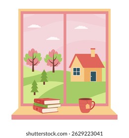 Spring window. Spring with autumn landscape and on the sill a book and cup. Spring scenery with village.