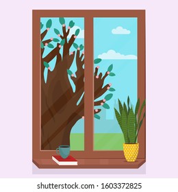 Spring window with landscape, book, coffee, home plant on the windowsill. Spring is coming greeting card template. Vector illustration in flat style