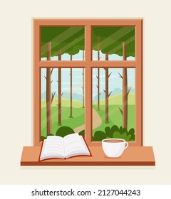 Spring window with landscape with a book and a coffee cup on the sill. Vector illustration in flat style EPS 10