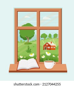 Spring window with landscape with a book and a coffee cup on the sill. Vector illustration in flat style EPS 10