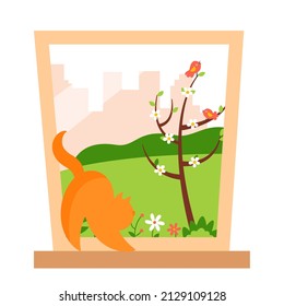 Spring window with a playful cat on the windowsill. Beautiful spring landscape in the window. Vector illustration.	