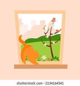 Spring window with a playful cat on the windowsill. Spring background picture. Vector illustration.	