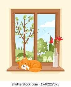 Spring window. Vector illustration of wood window view of garden with sleeping cat and vase with flowers on the sill. Spring landscape with tree, bush, field, hills. Spring mood. Cozy sunny morning