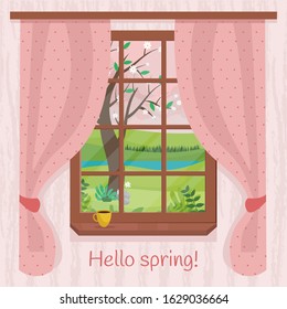 Spring window with view, a coffee cup on the sill. Window with curtain. Cute cozy vector illustration in flat style