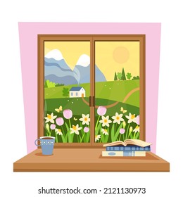 Ventanilla primaveral con vistas a las flores y a las colinas verdes. Ilustración vectorial acogedora en estilo plano.