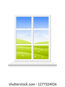 Spring window. View of the spring landscape: field with flowers, mountains and blue sky. Vector illustration on white background.