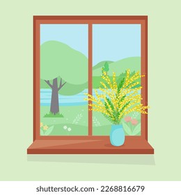 Spring window with view, Mimosa flowers in a vase. Yellow flowers with leaves. Cozy vector illustration in flat style