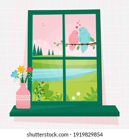 Ventana primaveral con vistas a un par de pájaros en una rama, un jarrón de flores en el ventanal. Ilustración vectorial cómoda en estilo plano