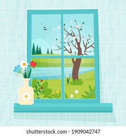 Spring window with view, vase with Flowers on the sill. Cute cozy vector illustration in flat style
