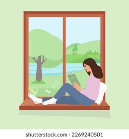 Spring window with view.A girl sitting in windowsill and reading a book. Cozy vector illustration in flat style