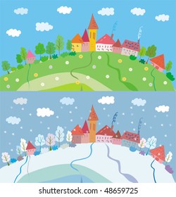 Spring and winter landscape with houses and trees. Summer and autumn is also available